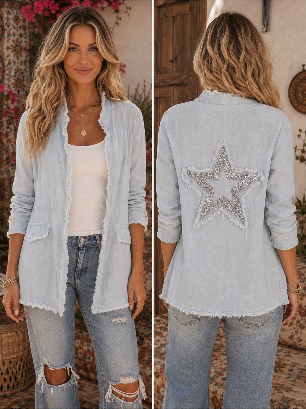 SCANDAL Made in Italy Light Blue Sequin Star-Back Linen Jacket - Women